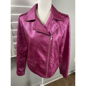 BACCINNI Hot Pink Barbie Metallic Faux Leather Biker Moto Jacket Small Zip Short